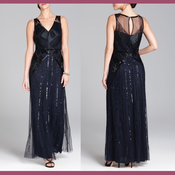 NWT‎ Aidan Mattox V-Neck Blouson Beaded Gown in Navy Blue/Black [SZ 6 US]